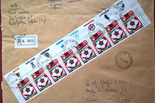 1990 SPLENDIDA STORIA POSTALE BUSTA RACCOMANDATA c. STRISCIA da 8 v. MILAN L.650