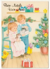1996 bambini albero di Natale pacco regalo gatti cartolina natalizia vintage