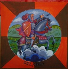 Tela a tema siciliano, raffigurante paladino. Orlando