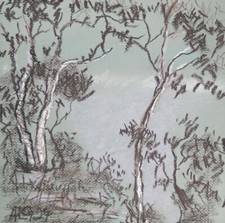 Disegno a carbone gesso paesaggio pezzo unico firmato Prof.em Andreas Loeschner-Gornau