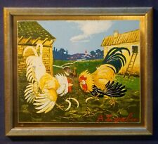 1958 ANTONIO LIGABUE: COMBATTIMENTO DI GALLI- SERIGRAFIA SU LASTRA TRATTATA ORO