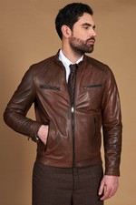 Giacca in Pelle Uomo Marrone Made in Italy Effetto Vintage Giubbotto Moto 