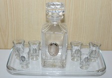 Bottiglia vetro liquore whisky cognac brandy vassoio bicchieri lamina Argento