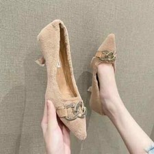 Decolte scarpe donna beige tacco 6 cm pelliccia e pelle sintetica CZ391