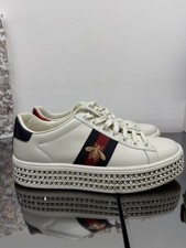 GUCCI SCARPE DONNA SNEAKERS ACE WEB BEE CRYSTAL PLATFORM BIANCO BLU USATO N 37
