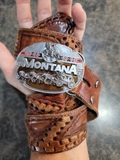Vtg Montana Cowboy Belt Buckle  Made USA handmaid Mexico leather Belt sz 36 