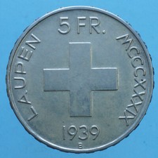 SVIZZERA 5 FRANCHI 1939 B BATTLE OF LAUPEN ARGENTO SILVER MONETA NUMISMATICA