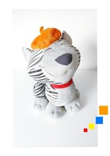 Peluche/Doudou Grand Chat Gris Tigré Rouge Béret Orange 35cm Marque Carré Blanc