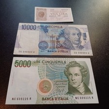 Vecchie Banconote Italiane 10 000  + 5000 Lire + 1 Lira 1944 VEIII Lotto A71