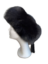 CAPPELLO VERA PELLICCIA DI VOLPE NERA GRANDE SOFFICE COMPLETAMENTE FODERATO NATALE SCI NEVE TAGLIA M