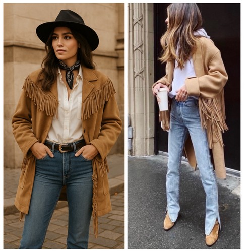 Cappotto scialle frange lana