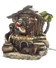 Fontana con Presepe Gruppo Natività e Capanna 28.5cm in Resina 