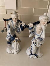 Statuina coppia pescatore cinese Shiwan vintage porcellana bianca blu leggi