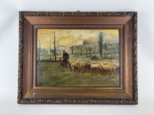 Antico Quadro “Paesaggio Con Pecore” Dipinto Su Tavola Legno Anno 1908 Firmato