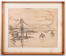 ⚜️ QUADRO FIRMATO FELICE VELLAN 1960 CARBONCINO CARTA NEW YORK PONTE HUDSON