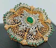 SPILLA D' EPOCA ANTICA ORO 14KT VINTAGE SMERALDI DIAMANTI ARGENTO CIONDOLO USATO