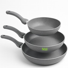 Set 3 Padelle Antiaderenti Effetto Pietra Gas Manici Soft Touch Made in Italy