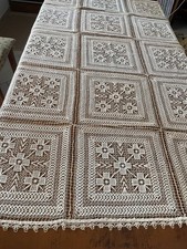 Unico copritavolo vintage in lino corda cm.  98x 163 fatto a mano filet modano