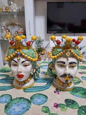 Coppia Teste Di Moro In Pregiata Ceramica di Caltagirone Lavorate A Mano H23 Cm