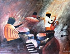African American Jazz Musica Art Pittura a Olio Chitarra Pianoforte Sassofono M