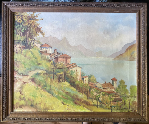 Dipinto olio italia lago - a,
