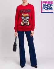 RRP €345 MOSCHINO COUTURE! Maglione Lana Taglia XS Orso Rosso Intarsiato Girocollo Sottile