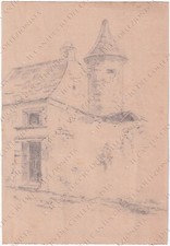 Disegno casa con torre a matita Fine XIX secolo Bozzetto