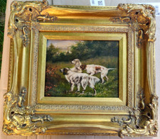 Opera unica dipinto olio su tavoletta "tre cani" in importante cornice