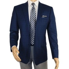 Men's Soft Wool Sport Coat English Plaid Window Pane 556-4 Navy Blue Renoir