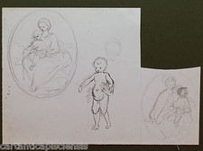DISEGNO BOZZETTO DRAWING 1800 CHINA E MATITA SU CARTA MADONNA CON BAMBINO ANGELI