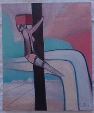 Dipinto Donna al palo Olio su tela Quadro 60x50 cm Firmato