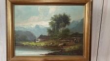 Dipinto ad olio vintage - Paesaggio con fiume e colline verdi - Firmato