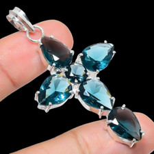 Ciondolo croce gioiello argento sterling 925 fatto a mano pietra preziosa topazio blu Londra