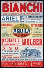 PUBBLICITA' 1913 BICI BIANCHI MOTO ARIEL N.S.U. AUTO AQUILA WOLBER F..LLI PICENA