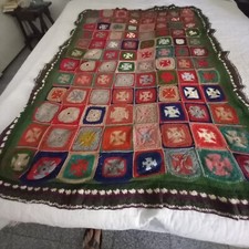 Vintage Copertina Uncinetto Lana Patchwork foderata Colorata  150x100 cm circa