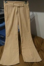 Pantaloni donna vintage vita bassa a zampa elefante, beige con righe sottili