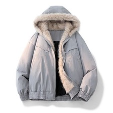 Mens Fluffy Faux Fur Trim Hooded Coat Thick Quilted Padded Jacket Winter Fashion
