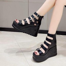 Sandali donna giovani punk gotici fibbia plateau zeppa tacco gladiatore punta aperta pompa