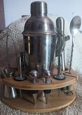 Set cocktails professionale in acciaio inox con supporto in legno-Nuovo