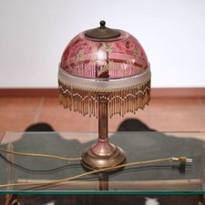 LAMPADA DA TAVOLO IN VETRO ROSATO E DECORI ORO,  CON PERLINE
