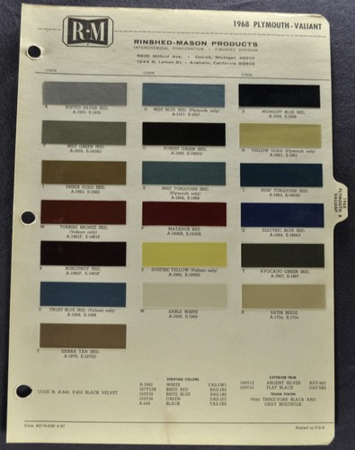 Foglio colori plymouth - plymouth, 1968