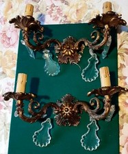 COPPIA DI APPLIQUE LAMPADE DA MURO OTTONE DORATO CON CIONDOLI CRISTALLO 1900/30 