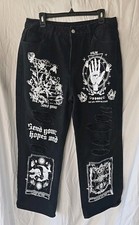 Jeans donna gamba larga nero vita alta stampa grafica strappato taglia XXL stile gotico emu