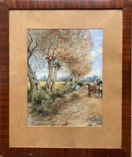 Paesaggio ad acquerello con sentiero e carrello trainato da cavalli firmato d...