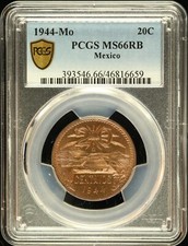 1944 Mo Messico 20 Centavos PCGS MS 66 RB