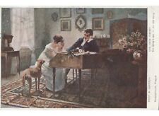 1913 arte in cartolina - A.Jakesch - coppia innamorati pianoforte cane levriero