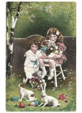1913 antica cartolina pasquale bambini moda d'epoca fiori conigli uova colorate
