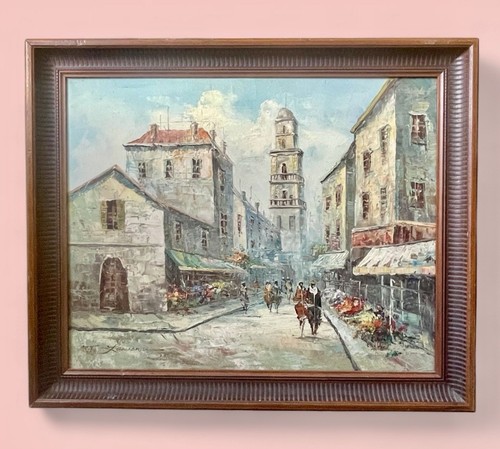 Antico dipinto olio - , strada