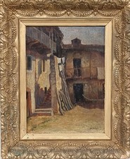 Mario Bertola ( Torino 1875-1926 ) "Rustico a Nucetto CN , Natale  1922". Olio 