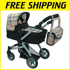 Elegante passeggino per bambole con ruote girevoli - plaid beige